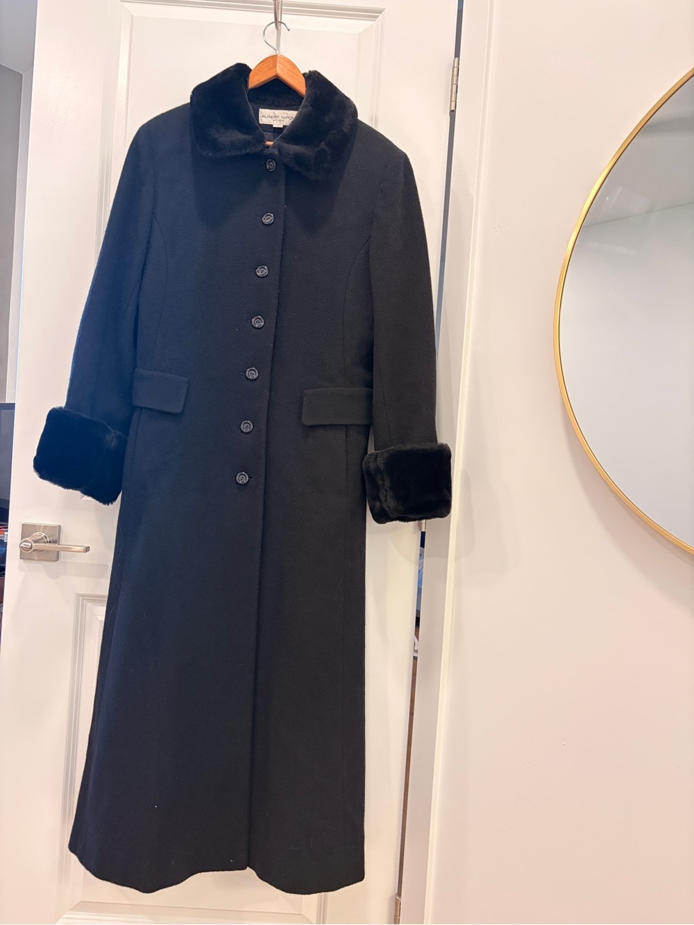 Vintage Albert Nipon Black Long Wool Trench Coat with Fur Trim
